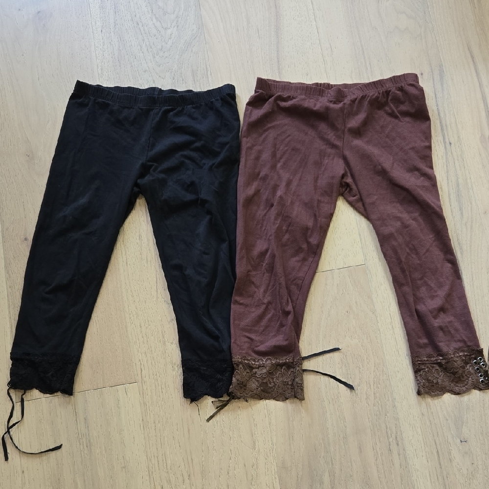 2 Pairs - Black & Brown Lace Trim Leggings